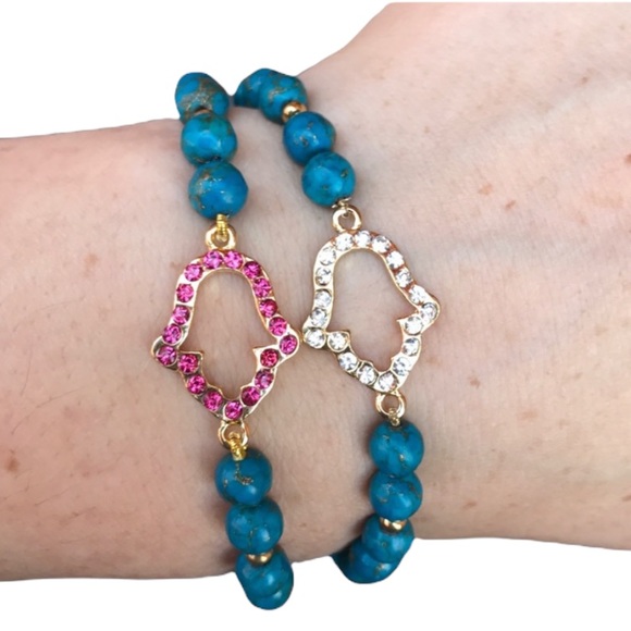 Hamsa turquoise Beaded stretch Bracelet - Picture 2 of 10